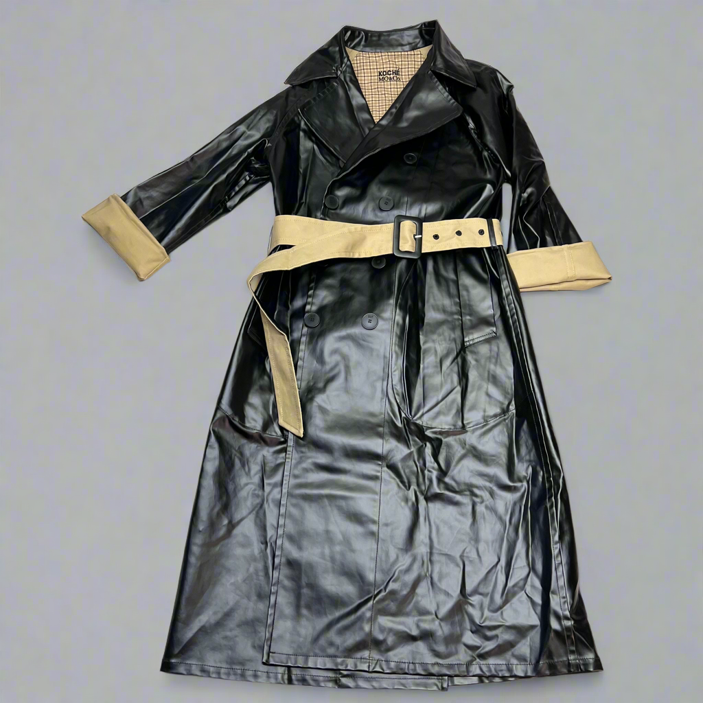 KOCHE MO & CO. Reversible Tie Around Trench Coat Unisex Sz M Khaki/Plaid/Black