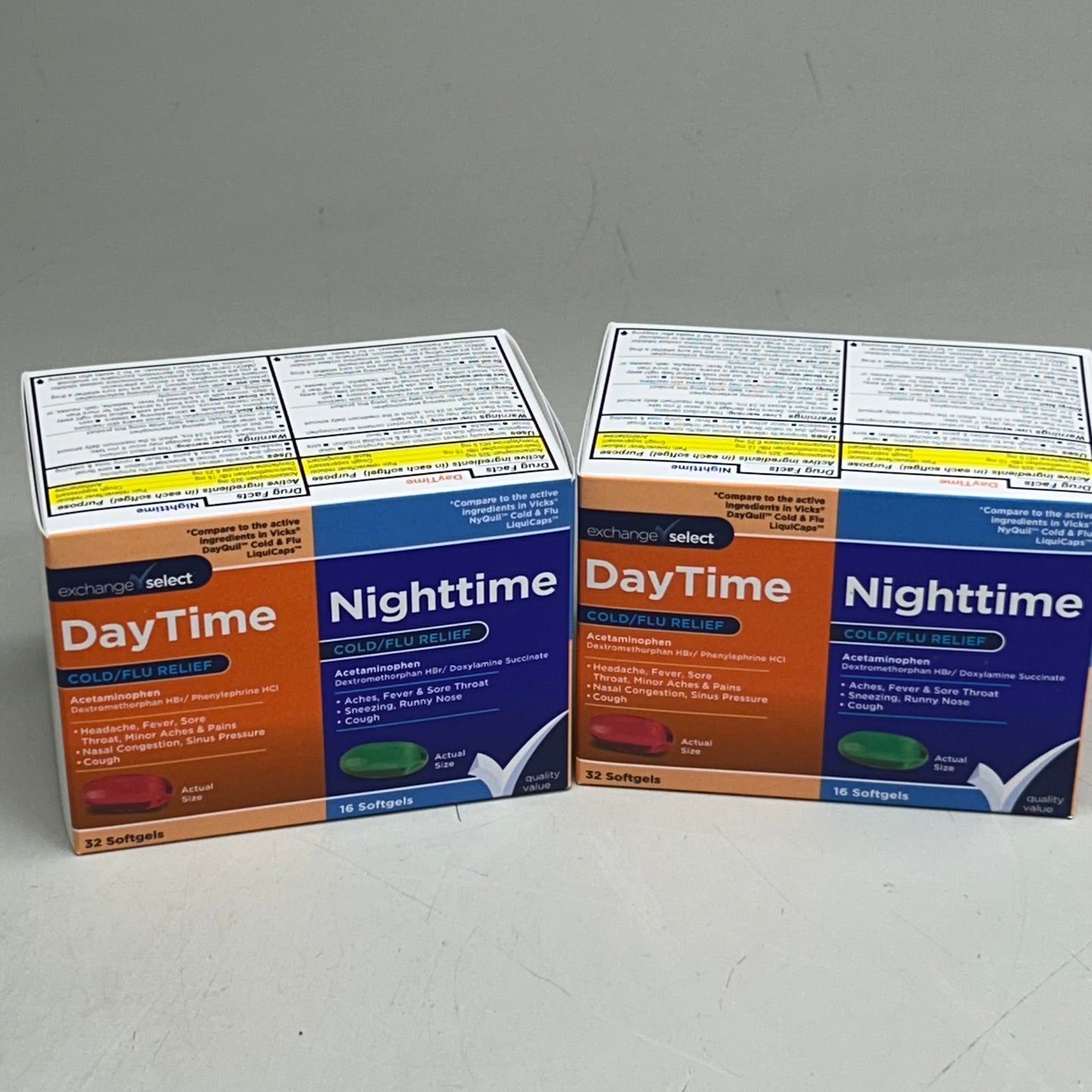 EXCHANGE SELECT (2 Pack, 32 Day Caps, 16 Night Caps) Day/Night Time Cold/Flu Relief Soft Gel Capsules