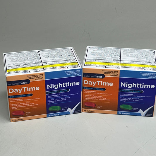 EXCHANGE SELECT (2 Pack, 32 Day Caps, 16 Night Caps) Day/Night Time Cold/Flu Relief Soft Gel Capsules