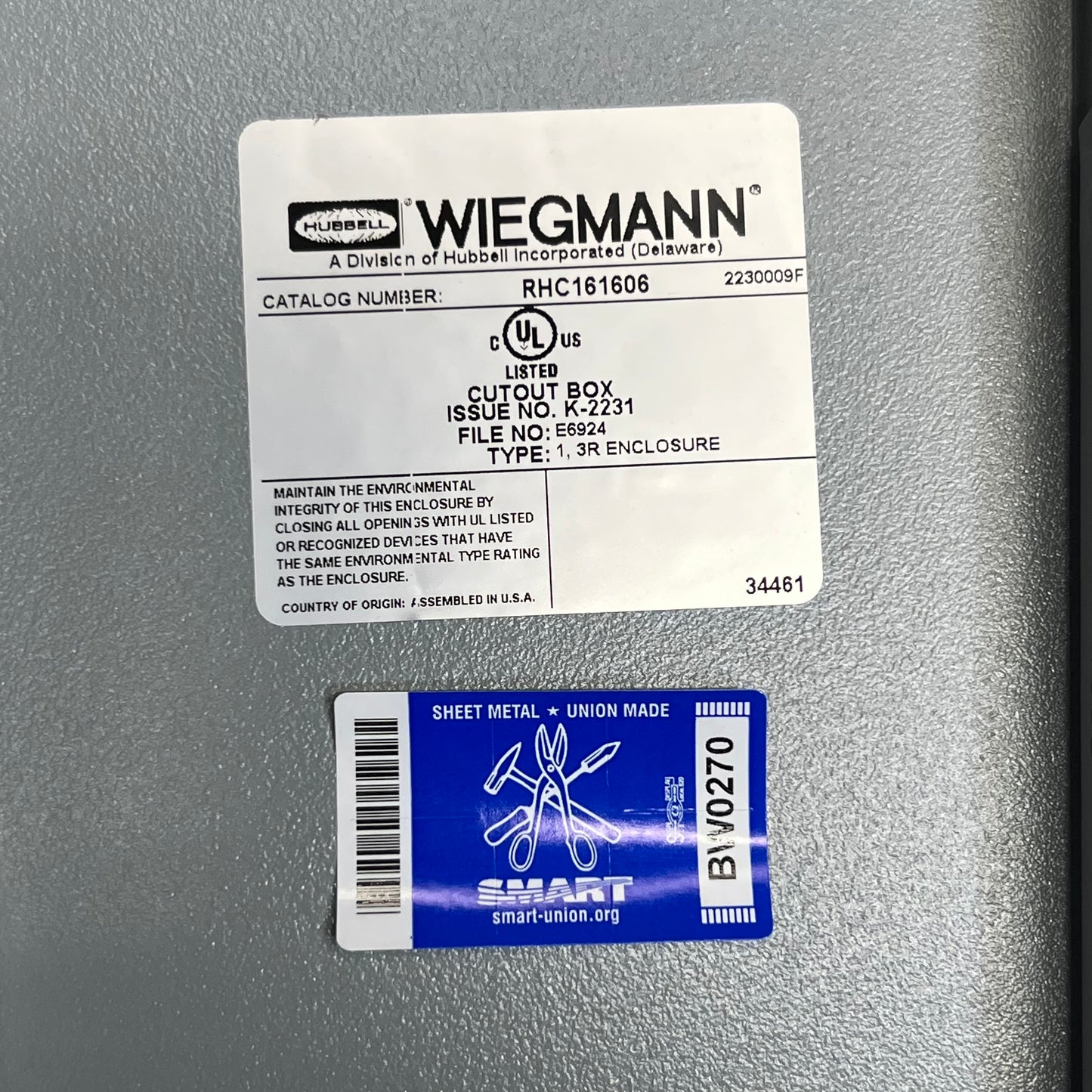 ZA@ WIEGMANN Rainproof Hinge Cover Box Large ANSI-61 Gray Polyester Powder Sz 16" x 16" x 6" B