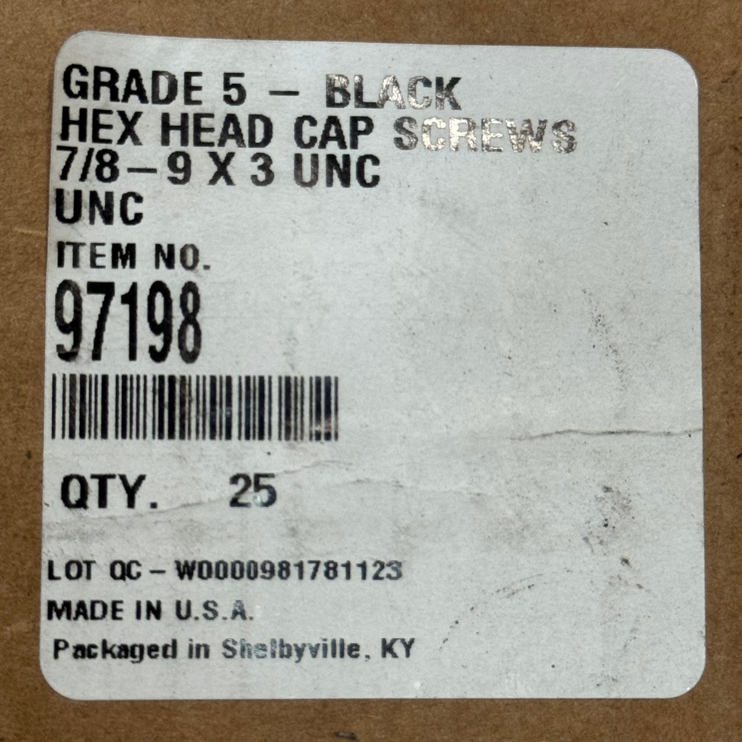 Grade 5-Black Hex Head Cap Screws 7/8 - 9x3 UNC 25 Pieces