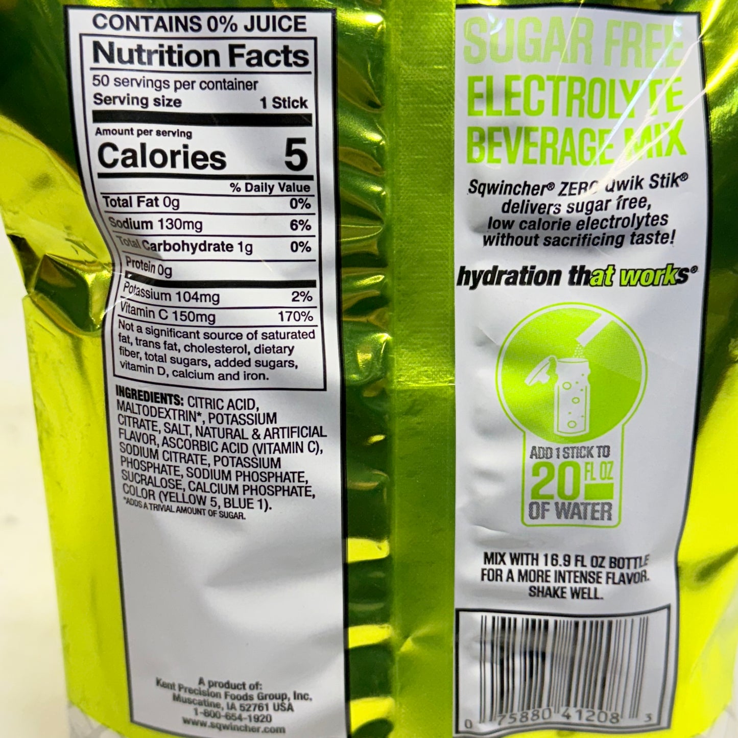 SQWINCHER Zero Qwik Stik Lemon Lime Electrolyte Hydration Mix 50 ct / 0.11 oz