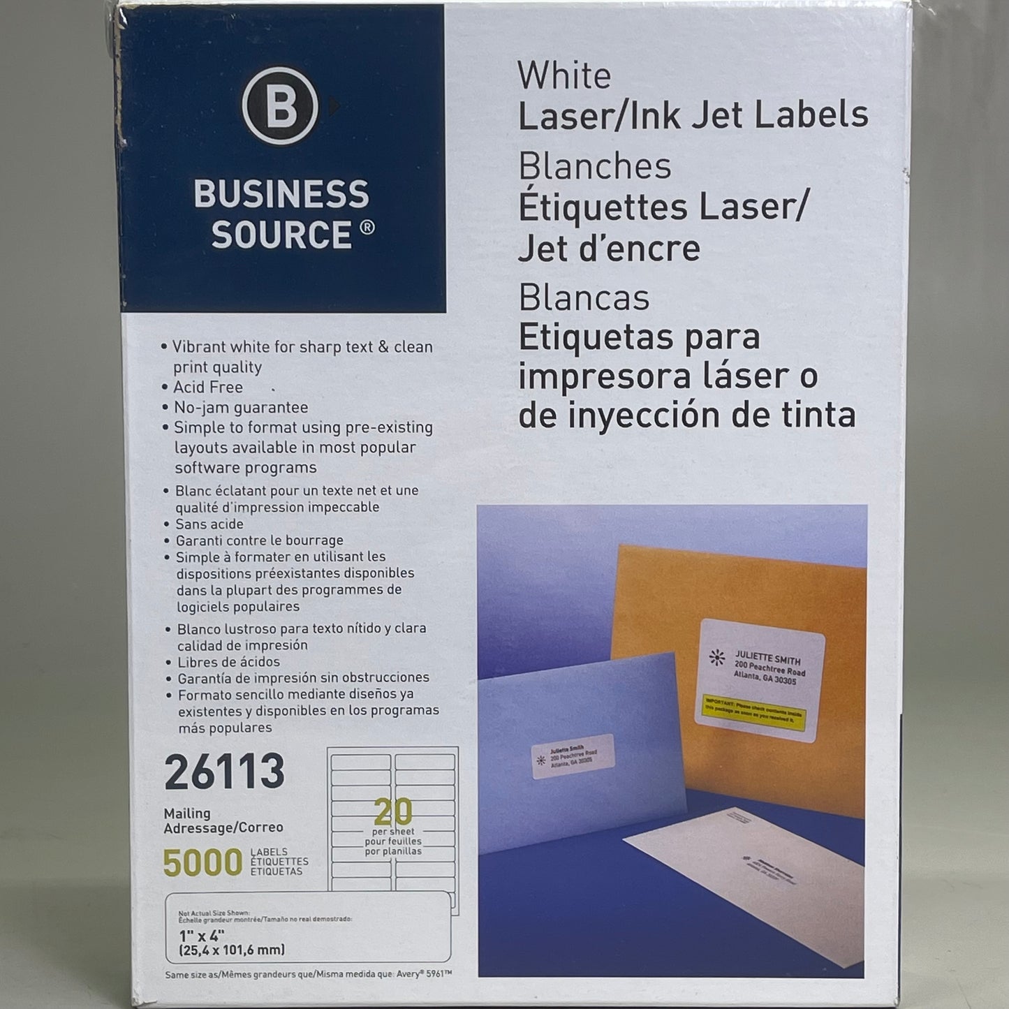 BUSINESS SOURCE (5000 Labels) Laser Ink Jet Mailing Labels 1"x4" White 26113