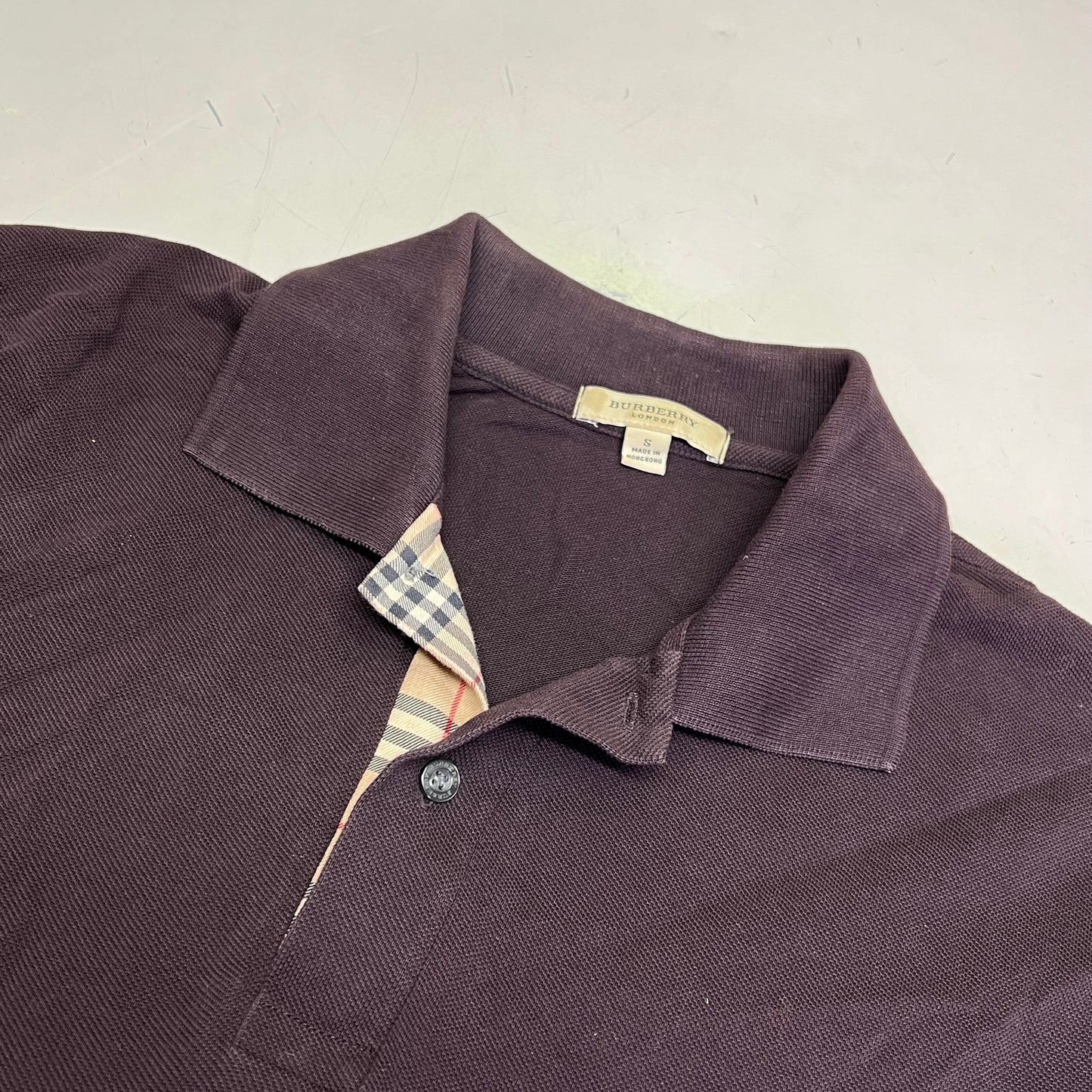BURBERRY Rib Knit Cotton Polo Shirt w/ Signature Plaid Mens Sz S Brown (Used)