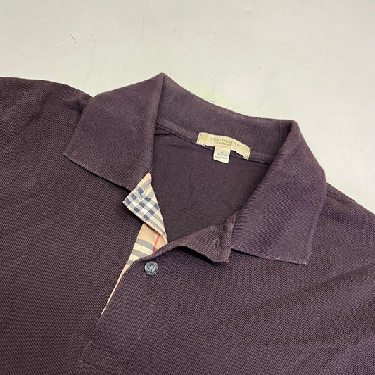 BURBERRY Rib Knit Cotton Polo Shirt w/ Signature Plaid Mens Sz S Brown (Used)
