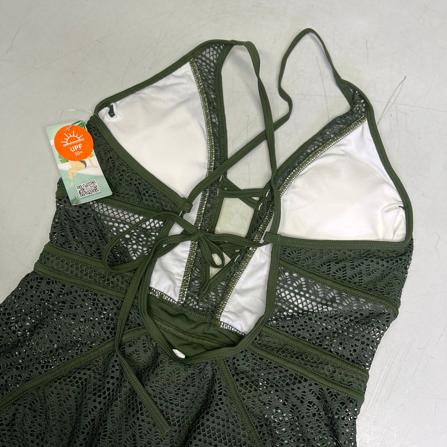 CHARMO Solid Cross Plunge Crochet One Piece Swimsuit Women's Sz M Olive Green