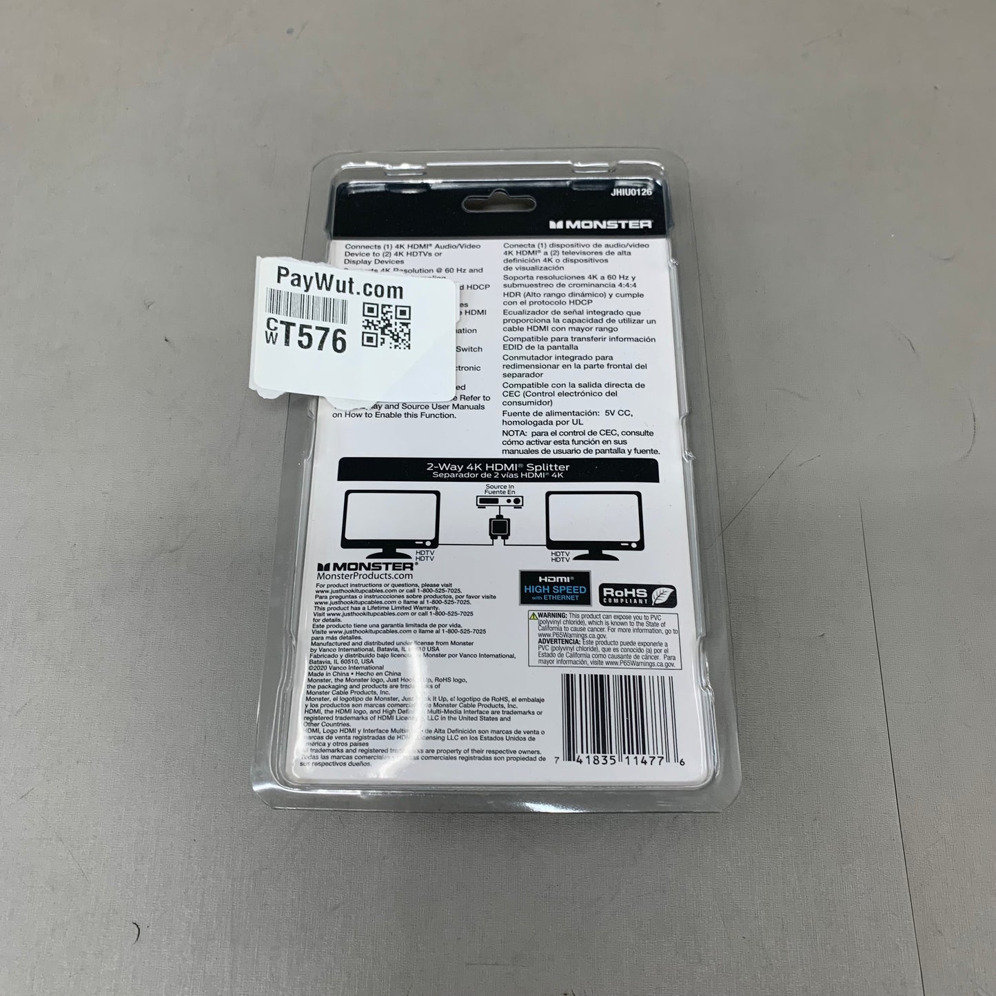 MONSTER 4K 2-Way HDMI Splitter 3"x3"Black JHIU0126