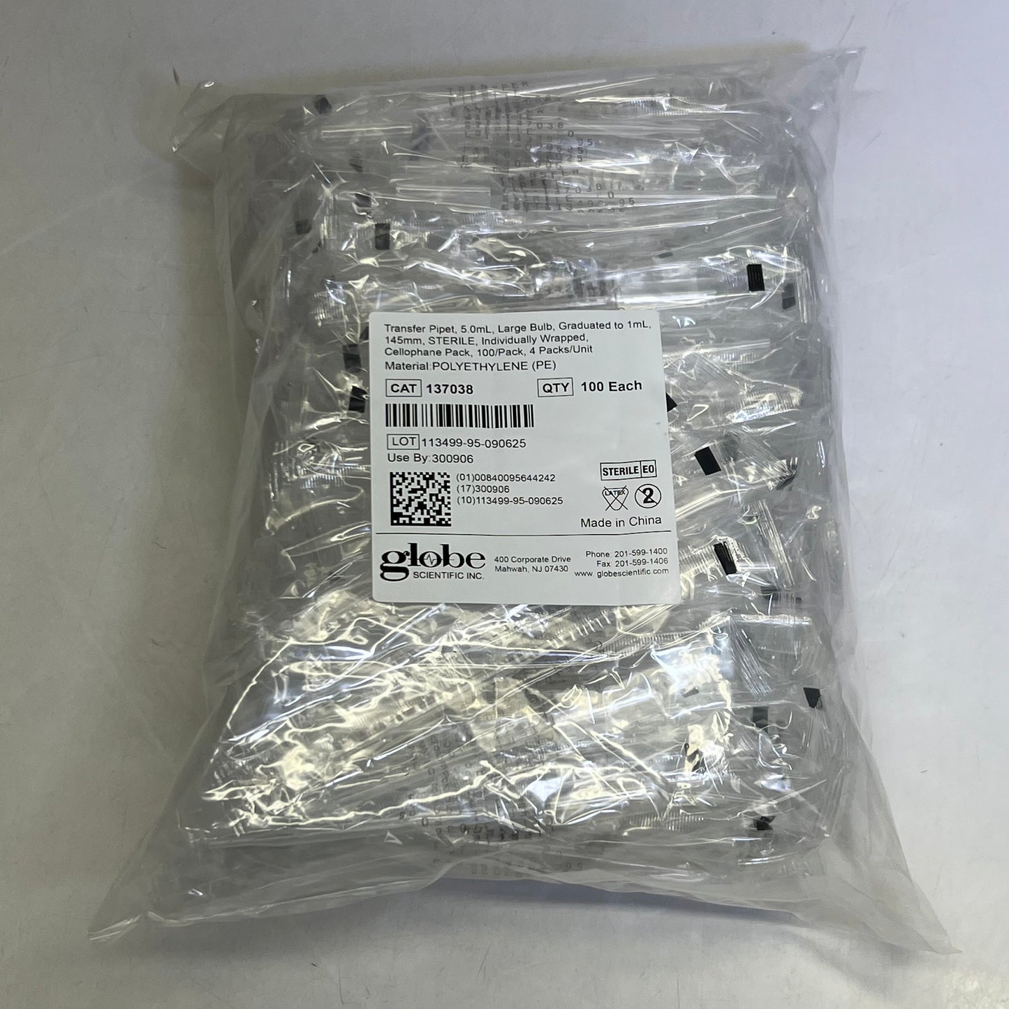 GLOBE SCIENTIFIC (100 PACK) Transfer Pipet Polyethylene Clear Large Bulb 5.0mL 137038