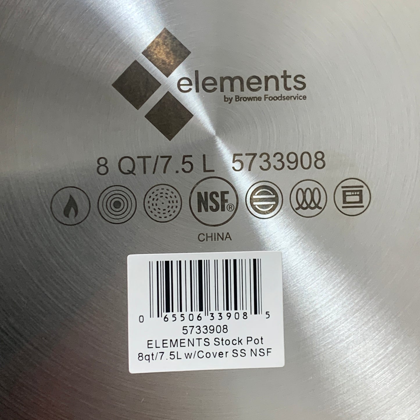 BROWNE ELEMENTS Stock Pot 8qt/Cover SS NSF 5733908 (New)