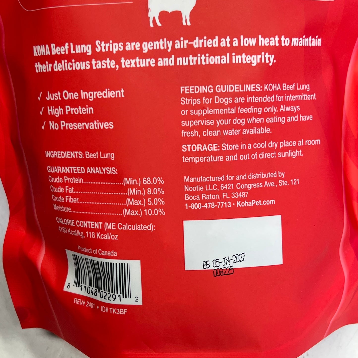 KOHA (2 PACK) Beef Lung Strips All Natural Treats Air-Dried 3.25 Oz BB 06/27