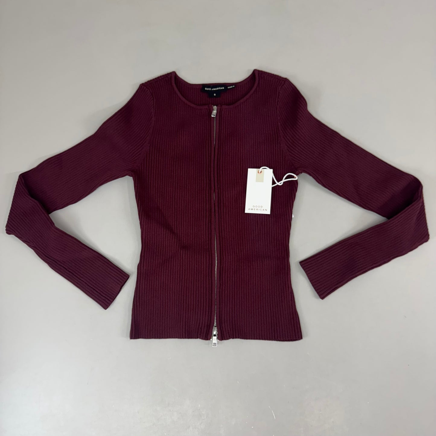 GOOD AMERICAN Shine Zipped Rib V-Neck Cardigan Women's Sz Small OXBLOOD002 GSK0263