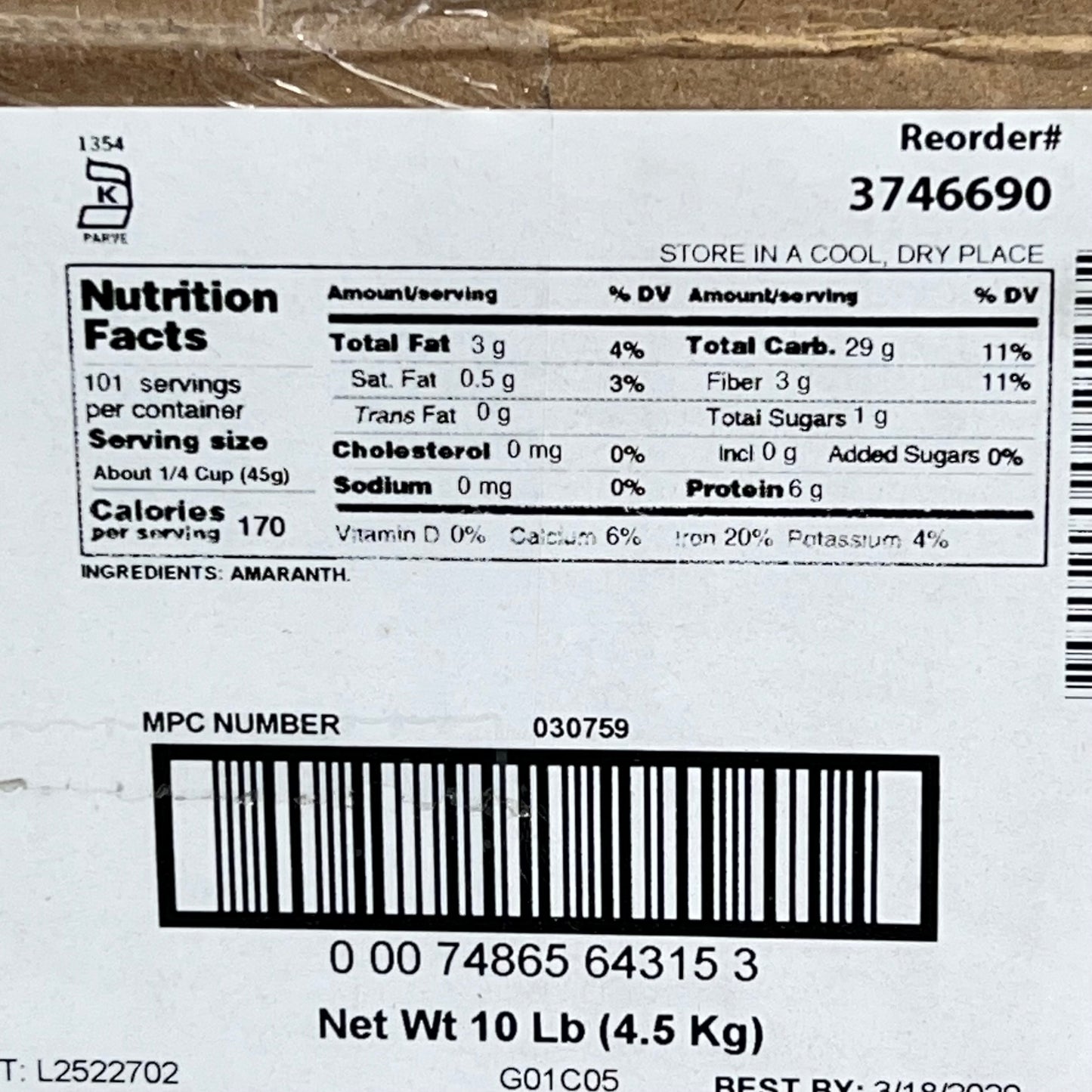 SYSCO High Protein 100% Whole Grain Amaranth Seeds Specialty Grain 10Lb BB 03/29
