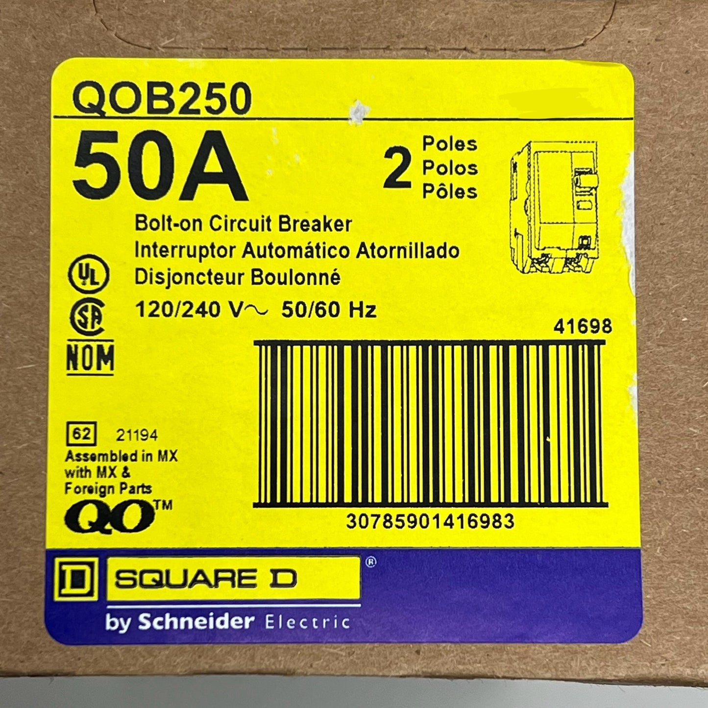 SQUARE D 50 Amp Circuit Breaker Bolt-On 2 Pole 120/240 Volt QOB250