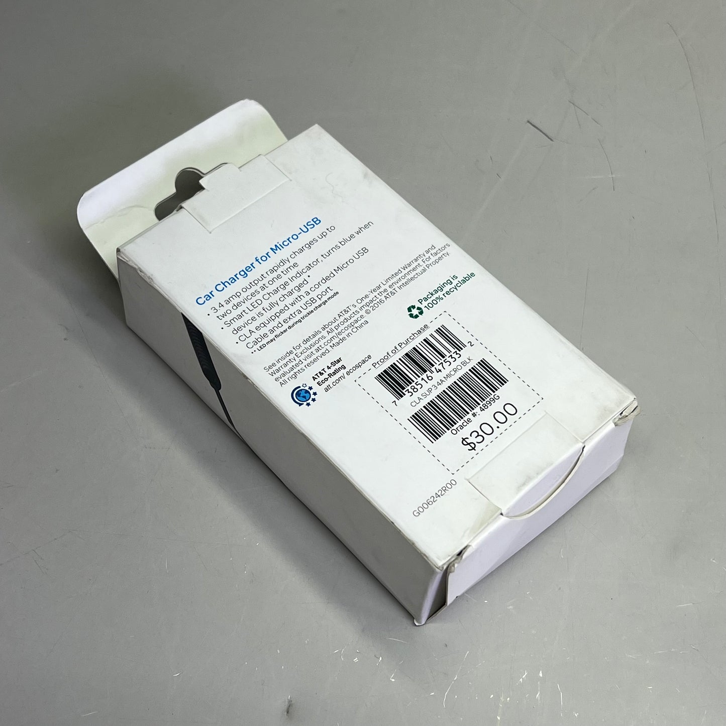 AT & T Single USB Secondary & Corded Micro Car Charger LED 3.4Amp Black 4899