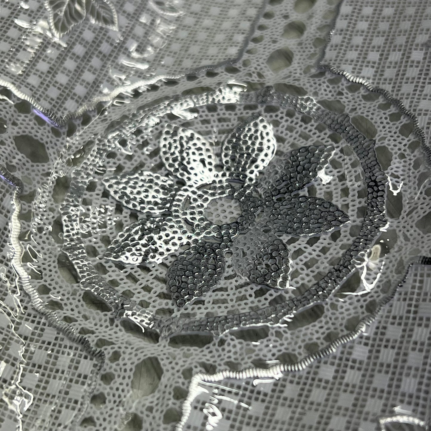 PVC Glossy Lace Dining Tablecloth Roll 54"x60' Silver/White CL-0615B