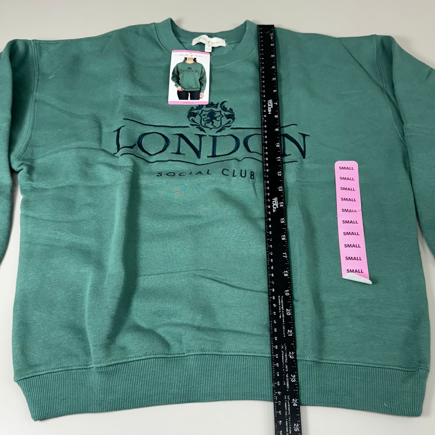 STATE OF MINE London Embroidered Crewneck Hoodie Sage Women's Sz S 15711