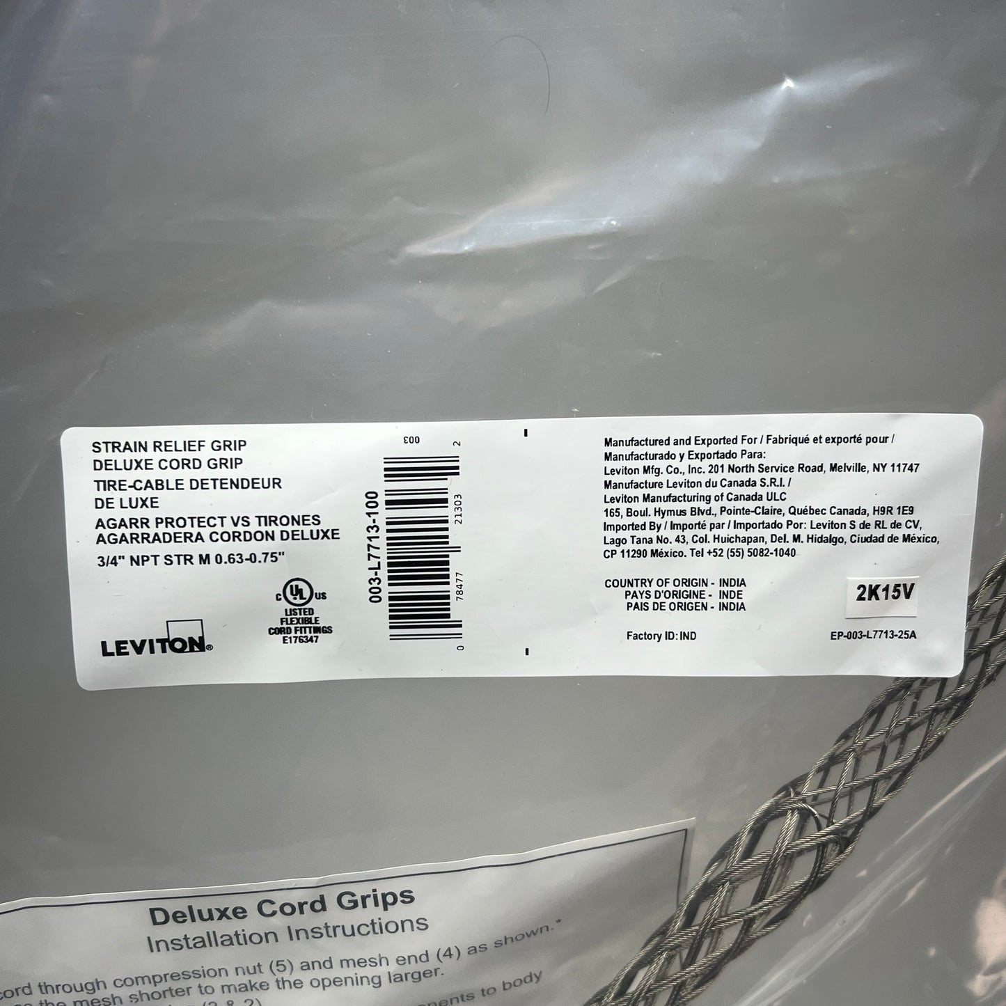 LEVITON Wire Mesh Safety Stain Relief Grip Ss 0.63" to 0.75" Cable L7713-100