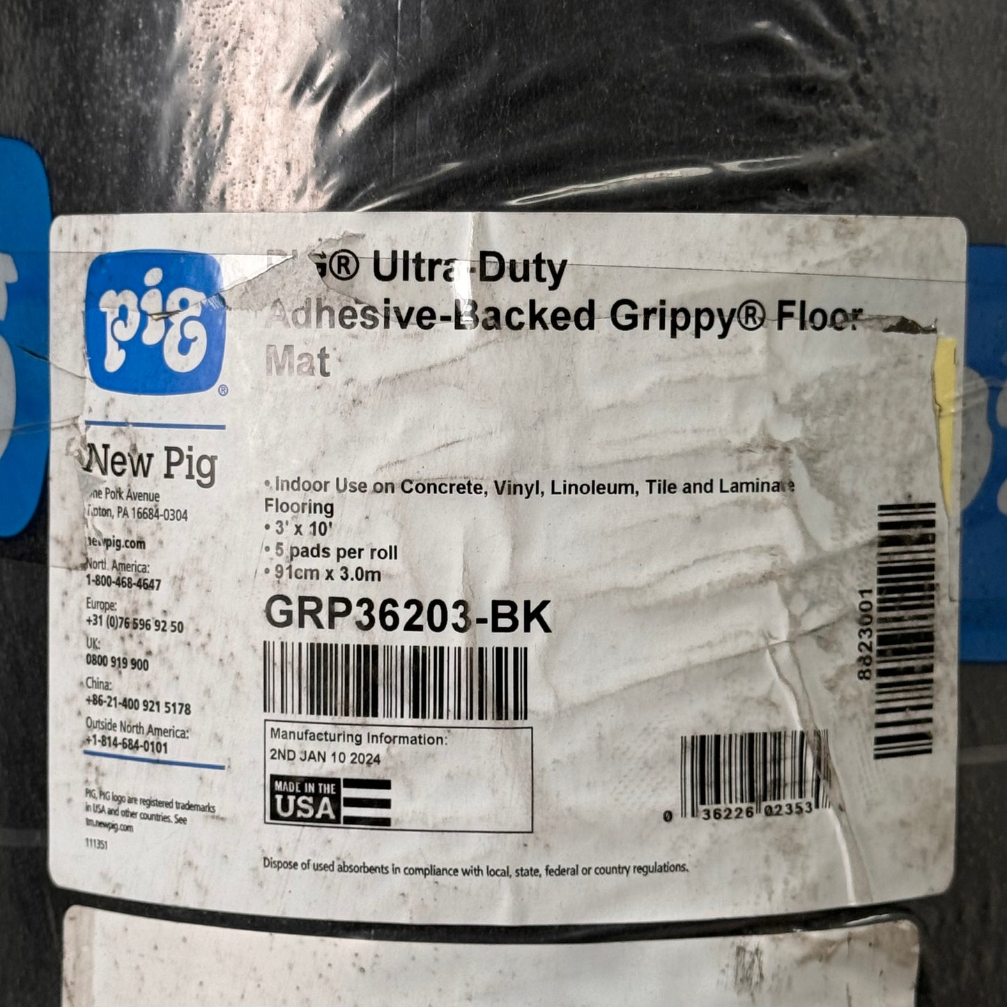 PIG (5 PADS) Ultra-Duty Adhesive Backed Grippy Floor Mat 3"X10" Black GRP36203BK