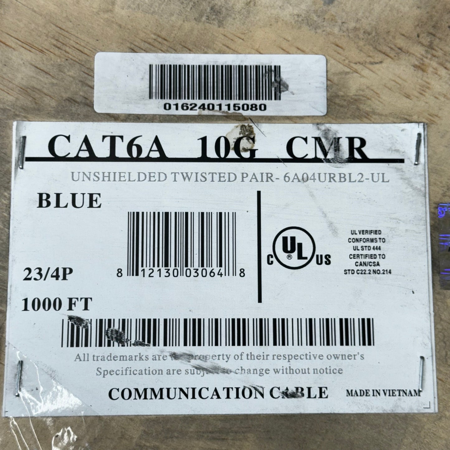 EATON Tripp Lite Series Cat6a 10G-Certified Solid Core PVC 1000ft 6A04URBL2-UL