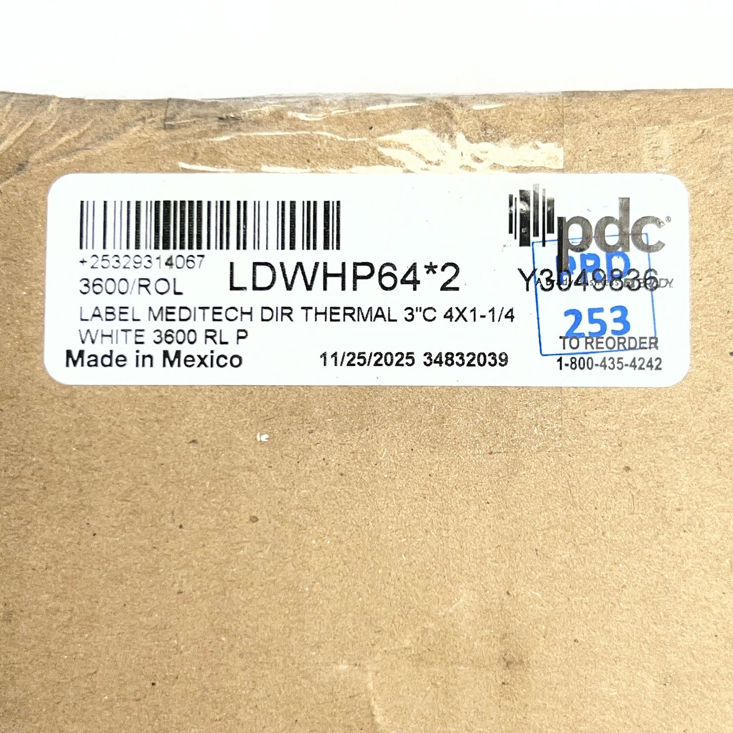 PDC (2 PACK) Label Meditech Dir Thermal Sz 3"C x 4x1-1/4 White 3600 RL P LDWHP64*2