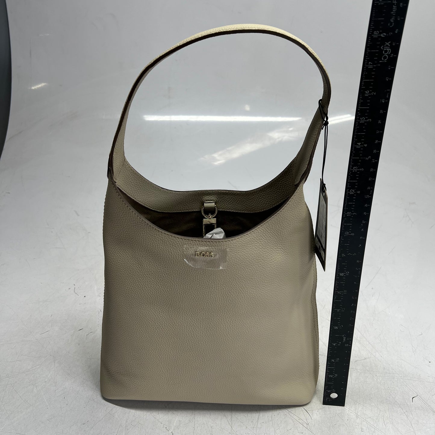 HUGO BOSS Leather Lenah New Hobo Bag Buckle Closure Light Beige 50557982
