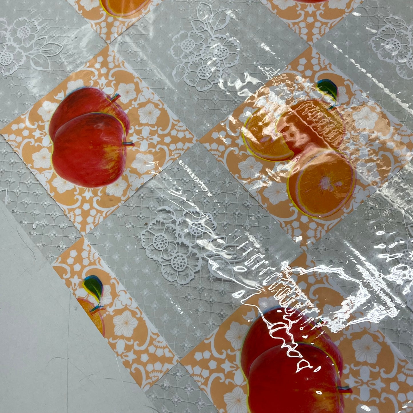 PVC Glossy Faux Lace Patchwork Fruit Dining Tablecloth Roll 54"x60' White/Orange