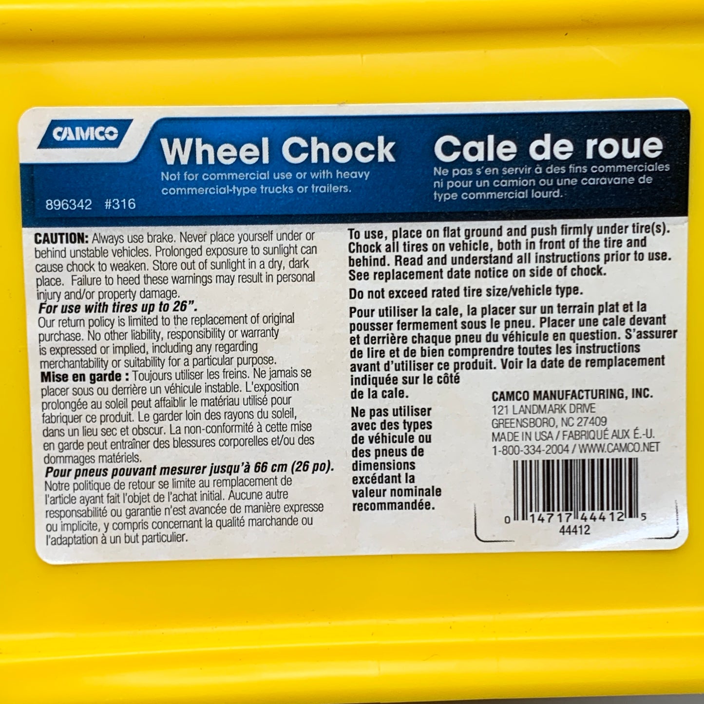 CAMCO 2 Pack Wheel Chock Yellow Fits Each Fits Tires up to 26-Inches 44412