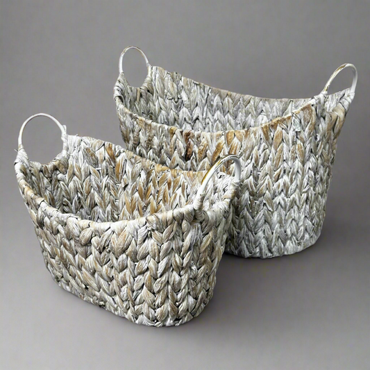 ASHLAND (Set of 2) Water Hyacinth & Iron Baskets w/ Handles Whitewashed Tan 733010