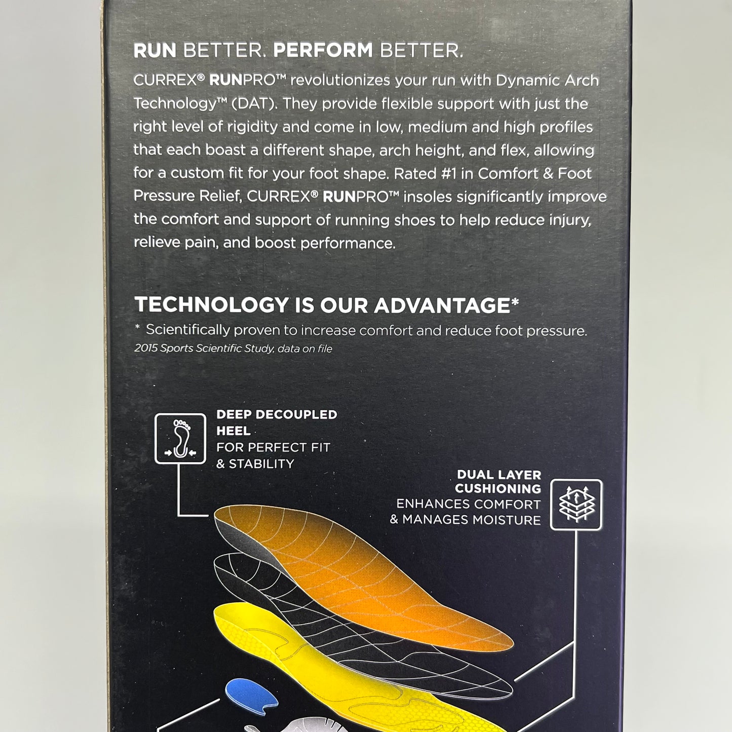 CURREX RunPro Comfort & Support Insole Mens Sz (M) 7-8.5 Black/Yellow 20123-18