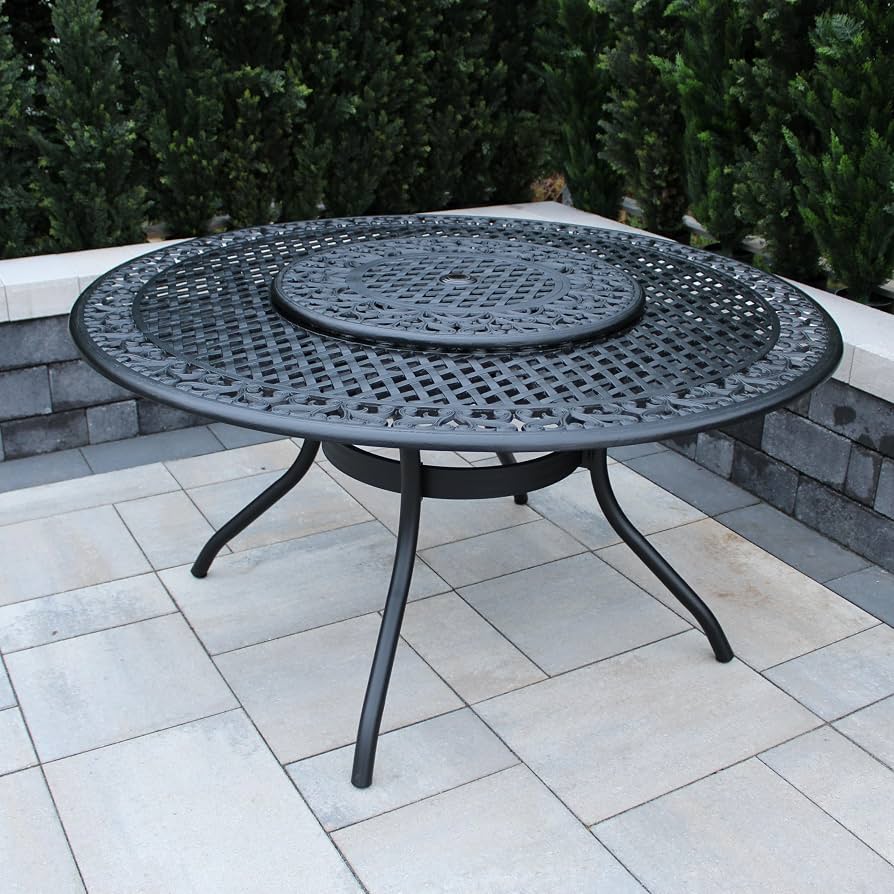 Z@ OAKLAND LIVING Round Patio Dining Table w/ Lazy Susan, Aluminum 59” Black 1022-ROUND-59-TABLE-LAZY-LBK (New, Some Dirt)