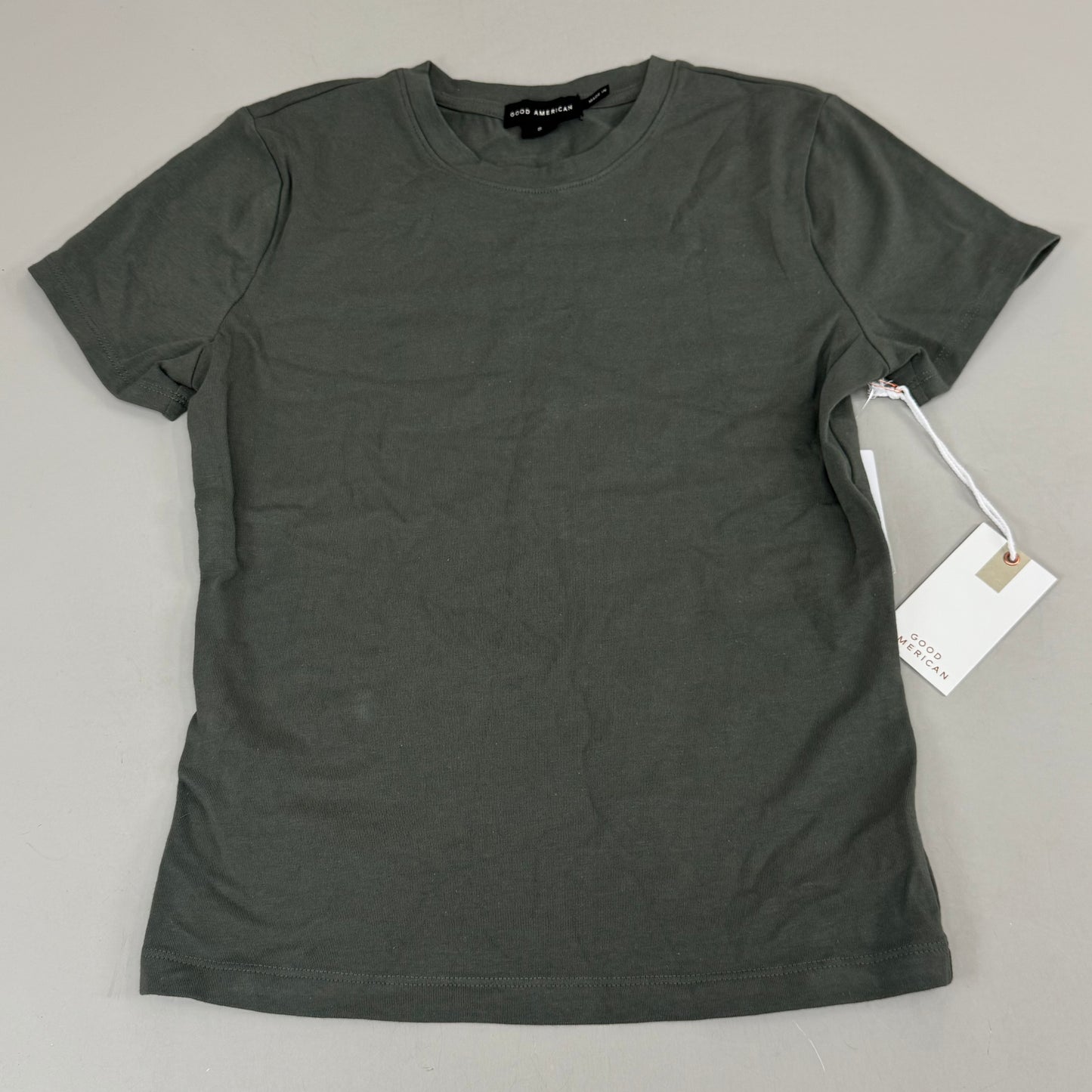 GOOD AMERICAN Green Stretch T-shirt Women's Sz S Fatigue001 GT0346