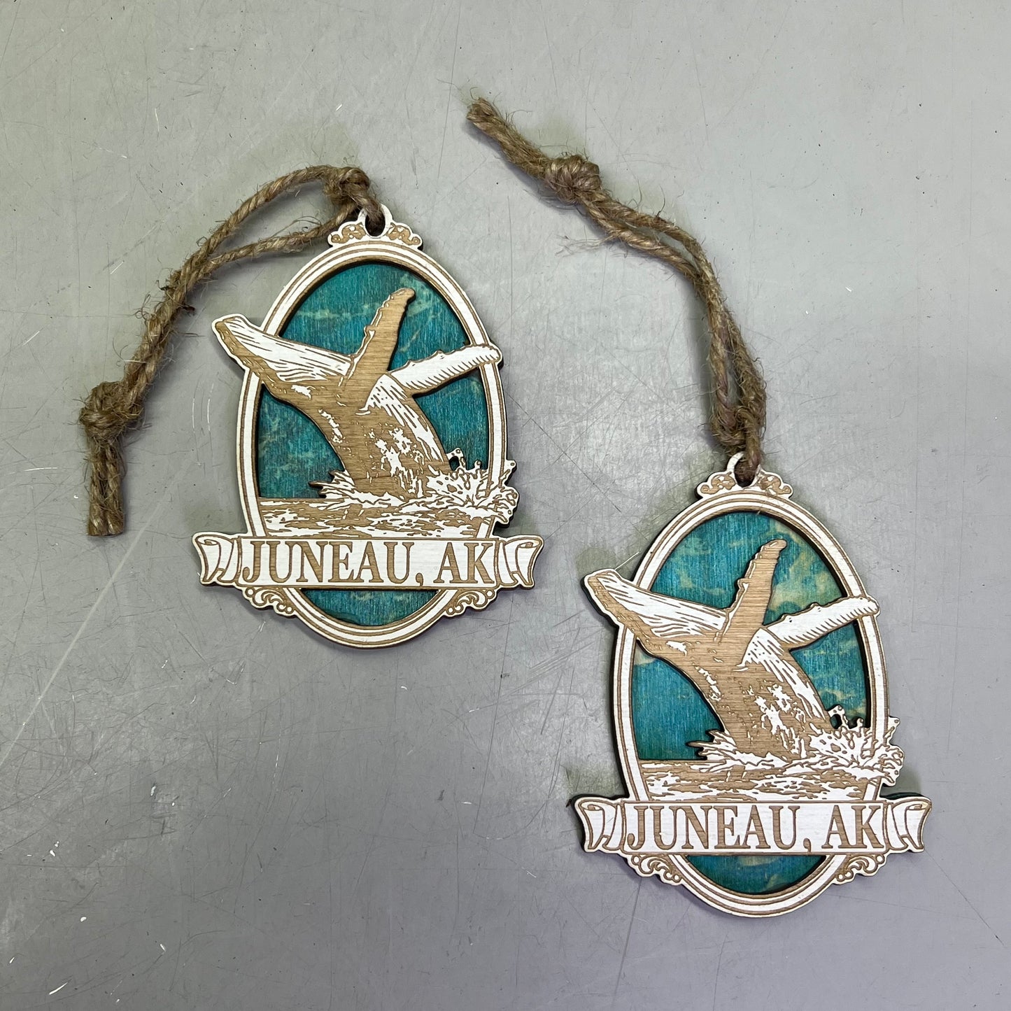 (2 PACK) Blue Whale Laser Cut Wood Collectable Ornament Juneau Alaska Souvenir