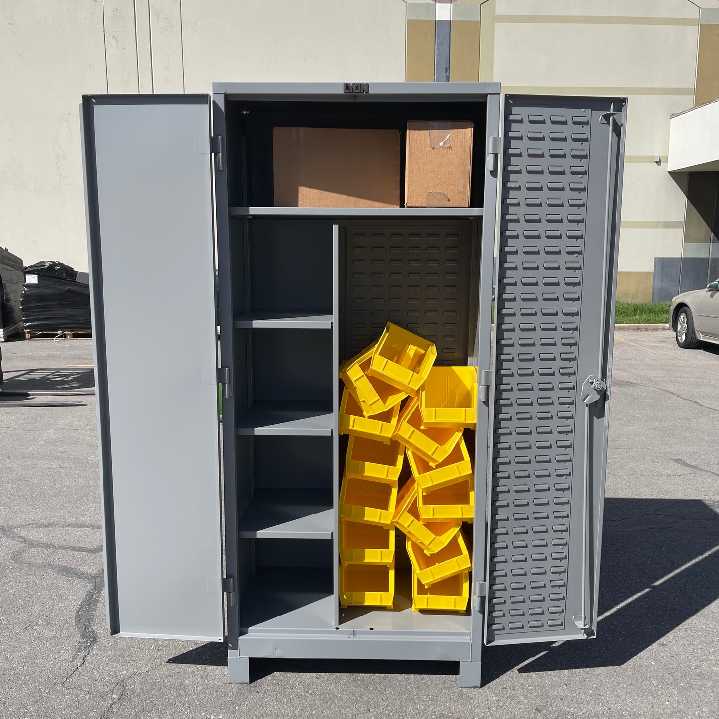 LYON All Welded Industrial Bin Cabinet W/ 64 Bins 82”x36”x21” Grey DD1122
