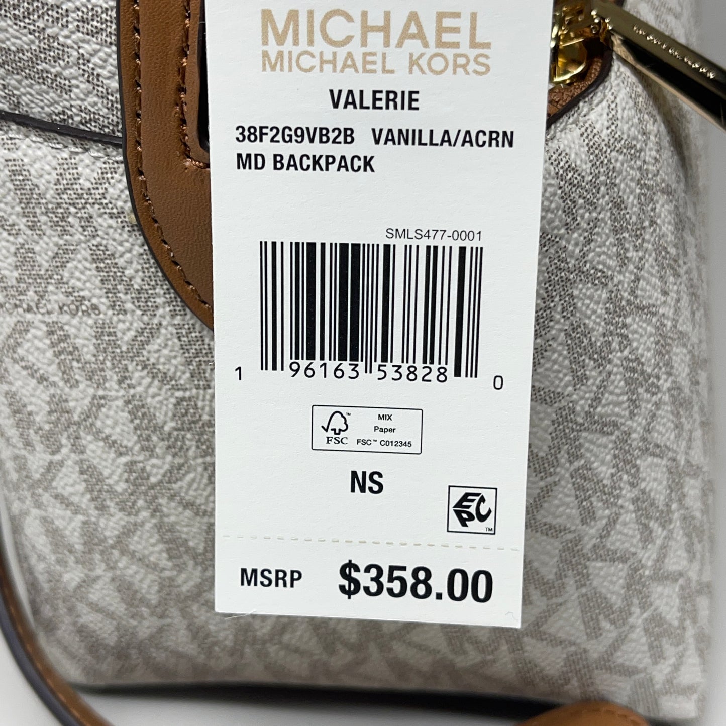 MICHAEL KORS Valerie Backpack Purse Vanilla / Acorn 38F2G9VB2B