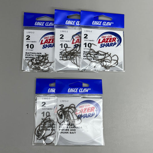 EAGLE CLAW (5 PACK) Sharp Worms & Chunk Baitholder Hook Bronze #2 10pc L181G-2