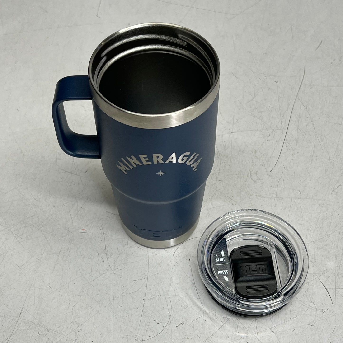 YETI Rambler Double Wall Travel Mug Etched Mineragua 20oz Navy Blue 4010