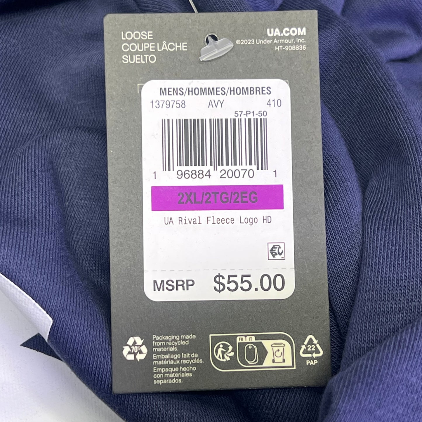 UNDER ARMOUR UA Rival Fleece Pull Over Hoodie Men's Sz 2XL Navy Blue 1379758