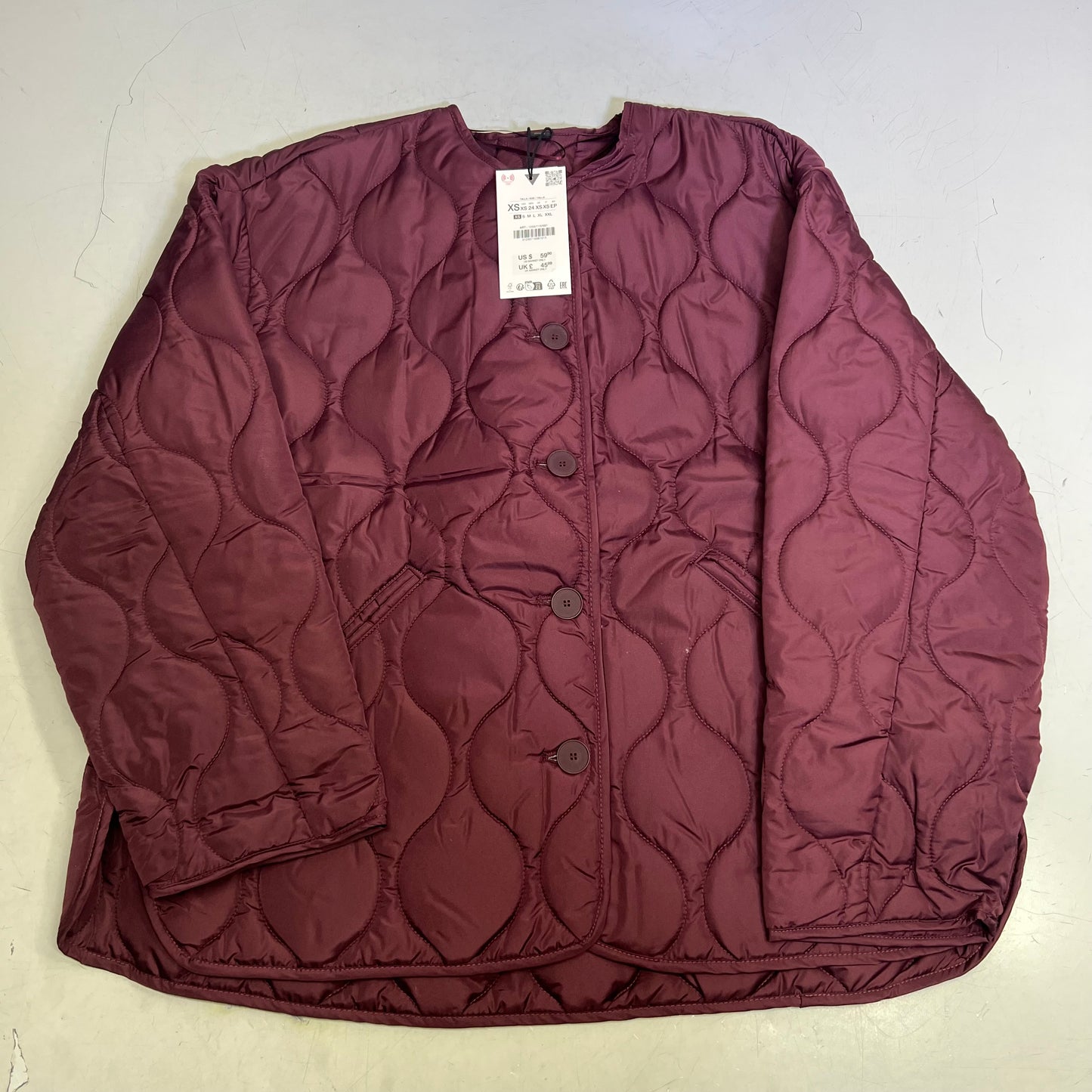 ZA@ ZARA Wavy Quilted Pattern Stitching Hoodless Coat Women's Sz XS Plum Purple
