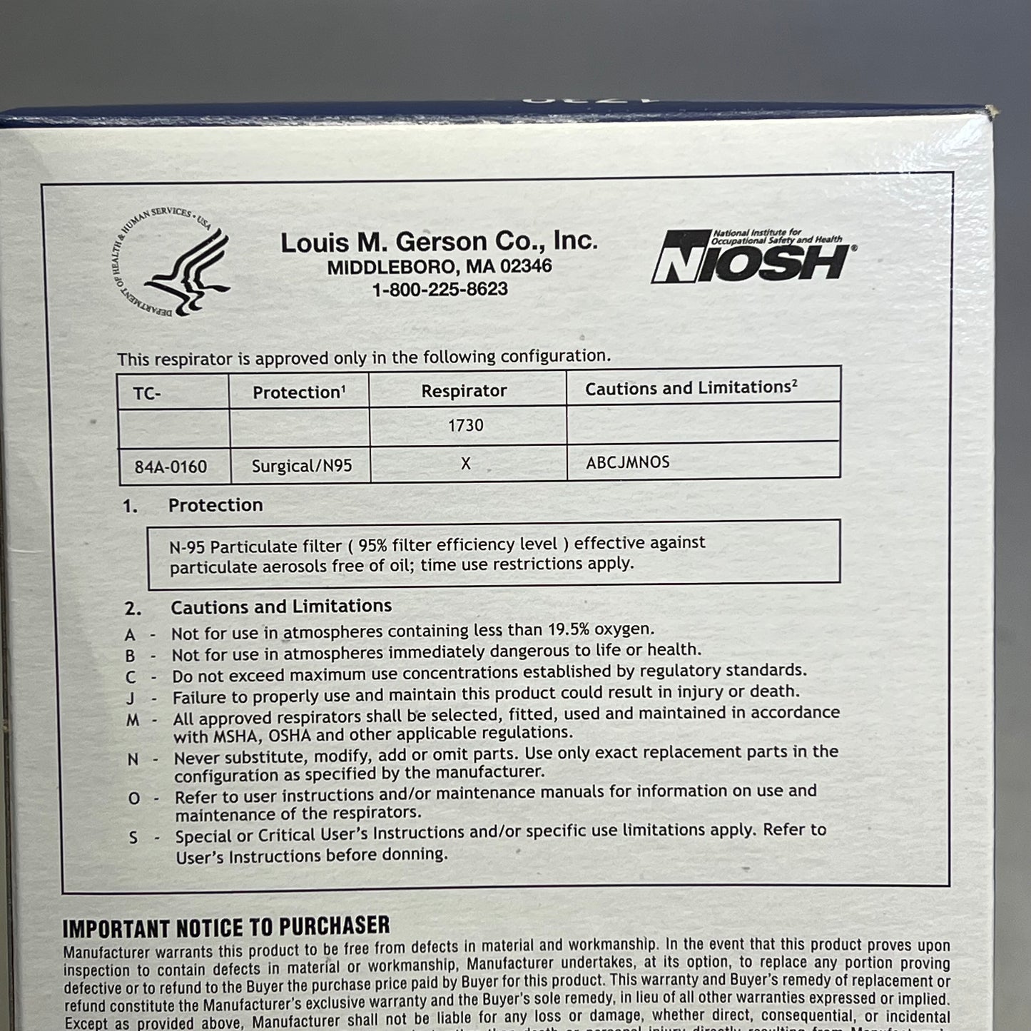 ZA@ GERSON (40 Pack) Particulate Respirator Made In USA N95 White 1730