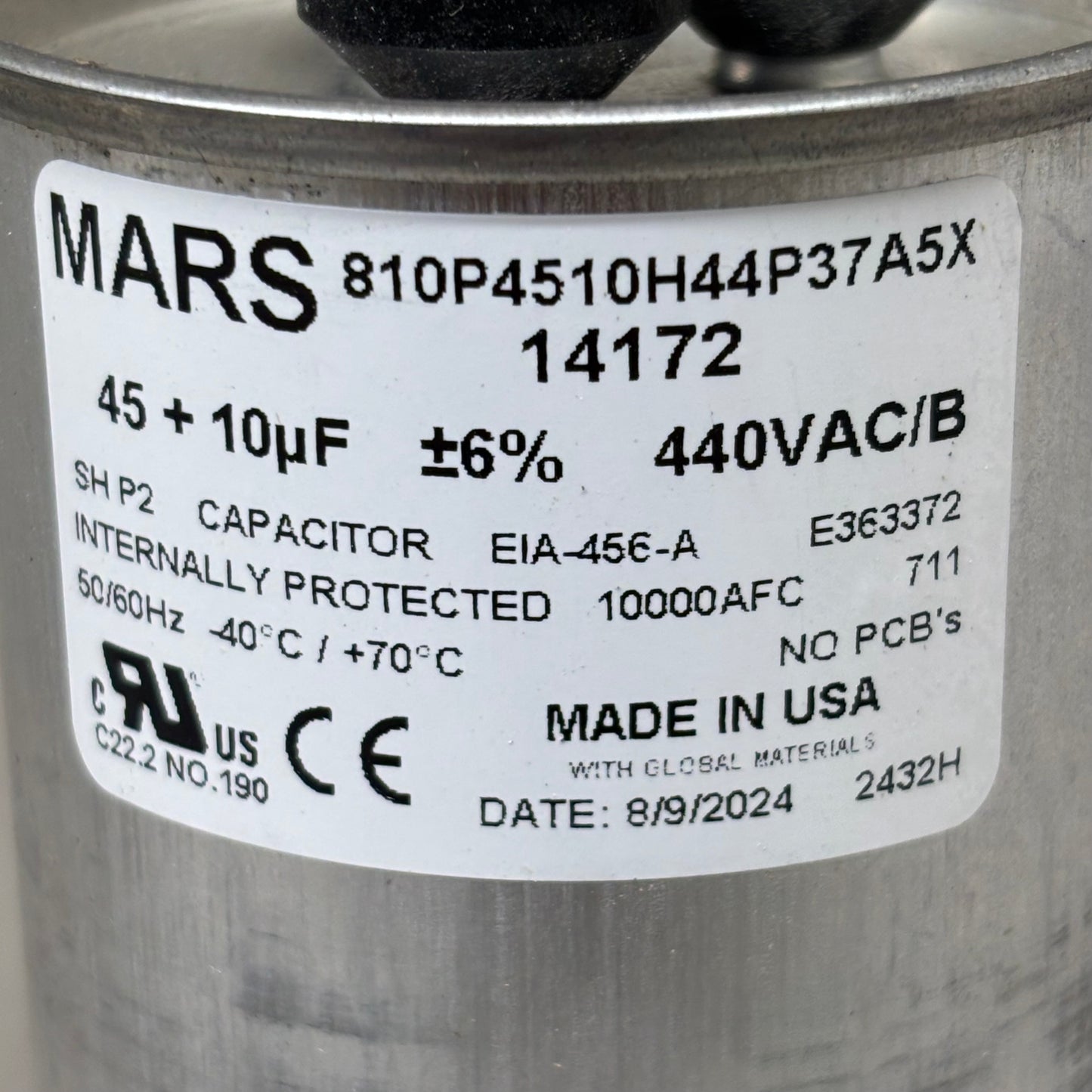 MARS Motor Run Capacitor Round 45/10MFD 440/370 VAC Dual Voltage Rated 14172