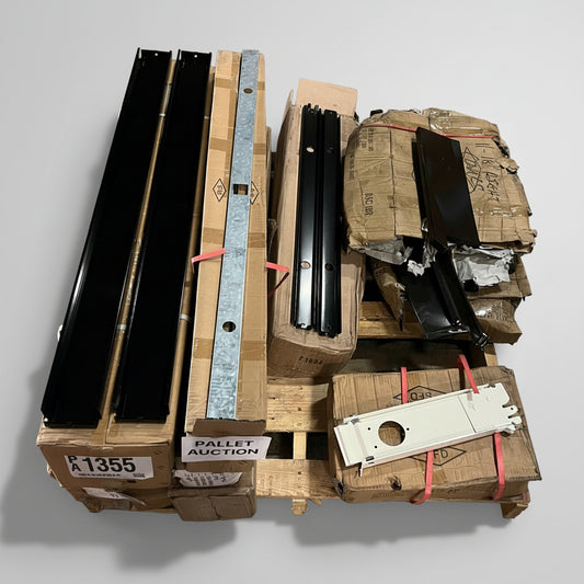 ZA@ Pallet of MIXED Assorted Retail Shelving Parts W/ Hardware Black/Crème/Silver (AS-IS)