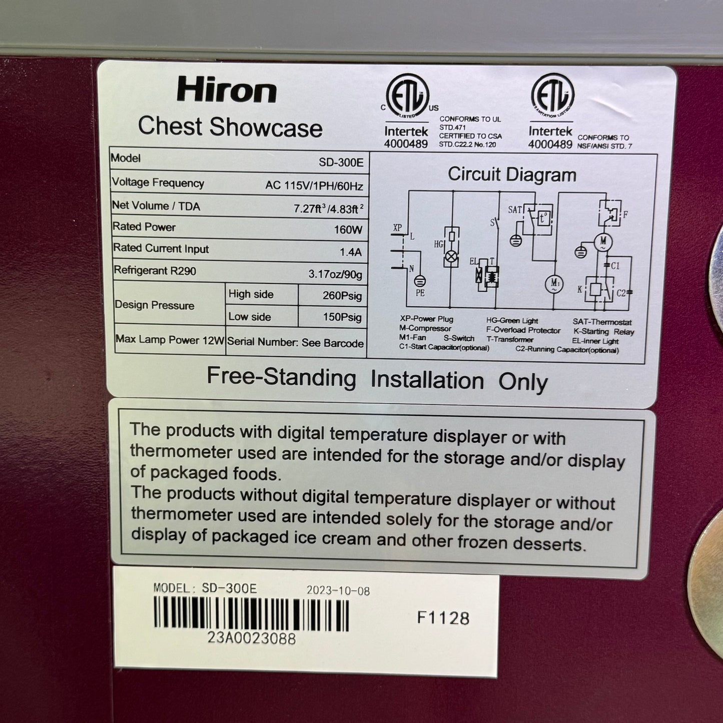 HIRON Showcase Freezer / Refrigerator Multifunction 38"L x 27"W x 30"H Brown SD-300E