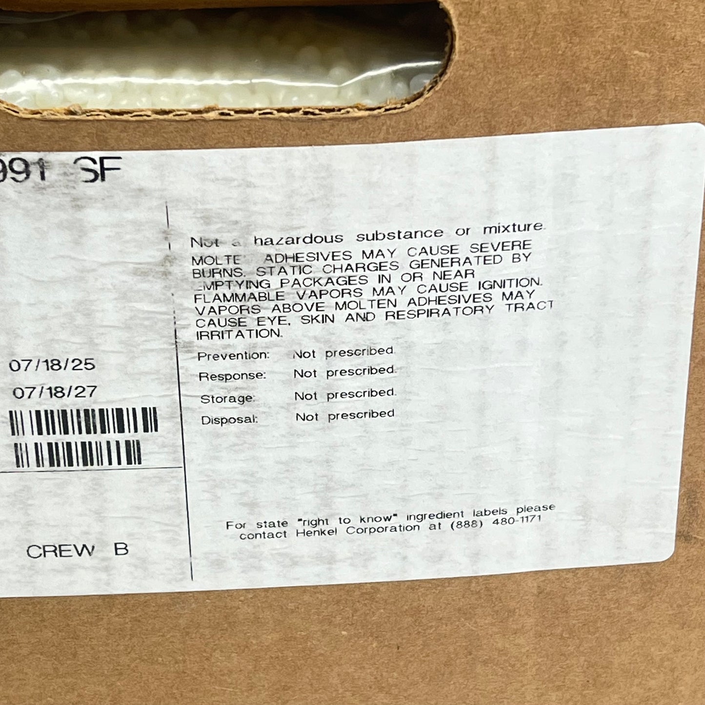 ZA@ HENKEL Technomelt Hot Melt Adhesive  30 lbs Transparent 8991 SF BB 07/27