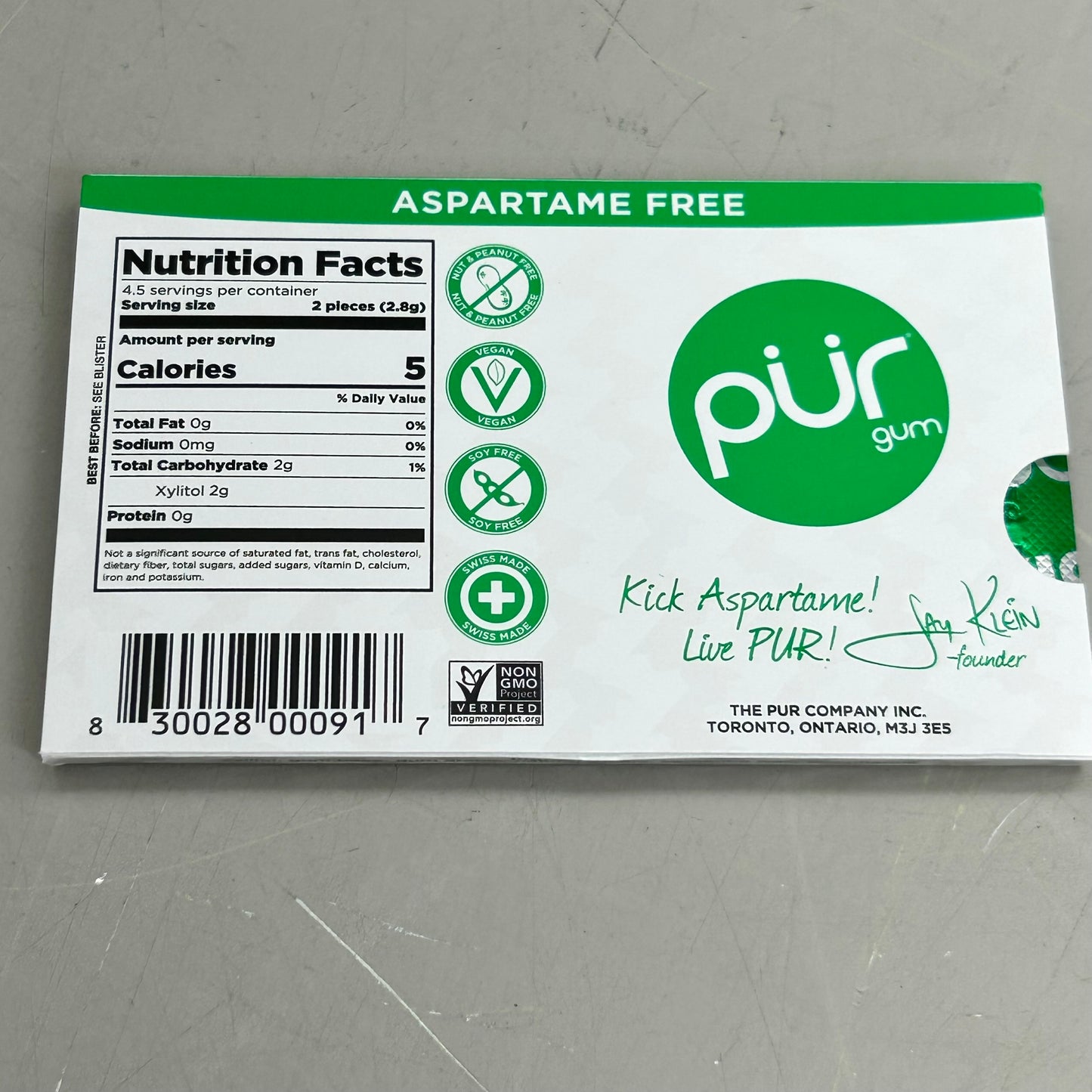 PUR (12 PACK, 9 PCS Each) Sugar Free Spearmint Aspartame Free Chewing Gum