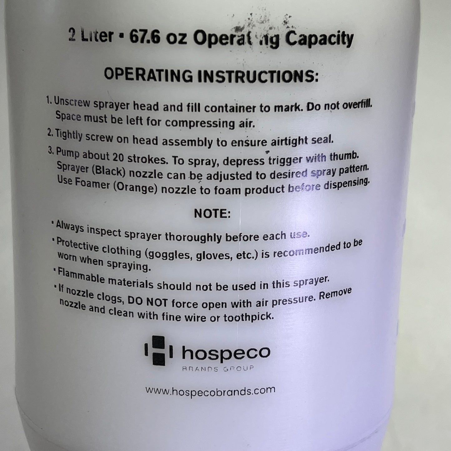 HOSPECO Impact Pump-Up Sprayer/Foamer 70 PSI 2 L Tank Clear/White IMP6500