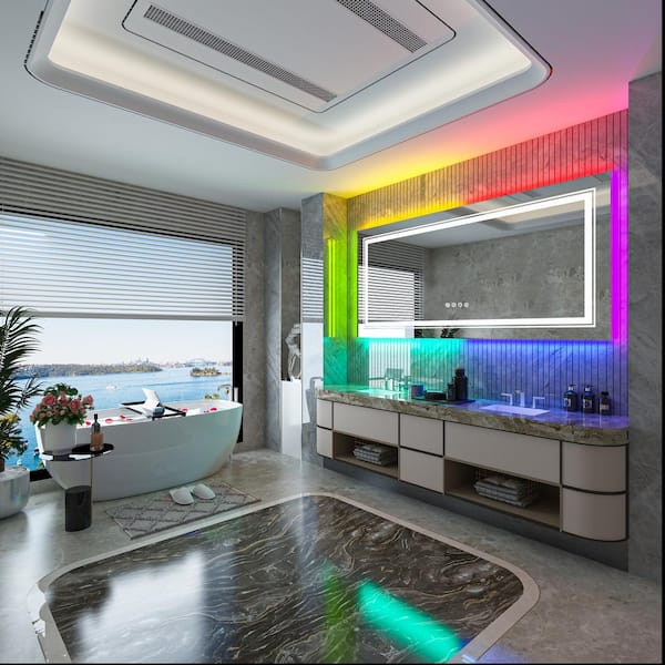 ZA@ ÉLAN Large Rectangular Frameless Anti-Fog RGB Backlit Front Light Wall LED Bathroom Vanity Mirror w Plug 84171 Sz 60”Hx30”Wx1.8”T (New Other)