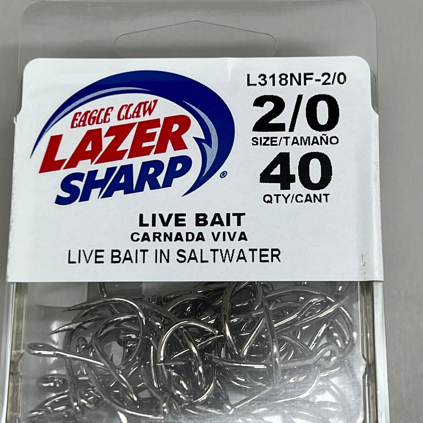 EAGLE CLAW Lazer Sharp Live Bait in Saltwater Fishing Hook #2/0 40pc L318NF-2/0