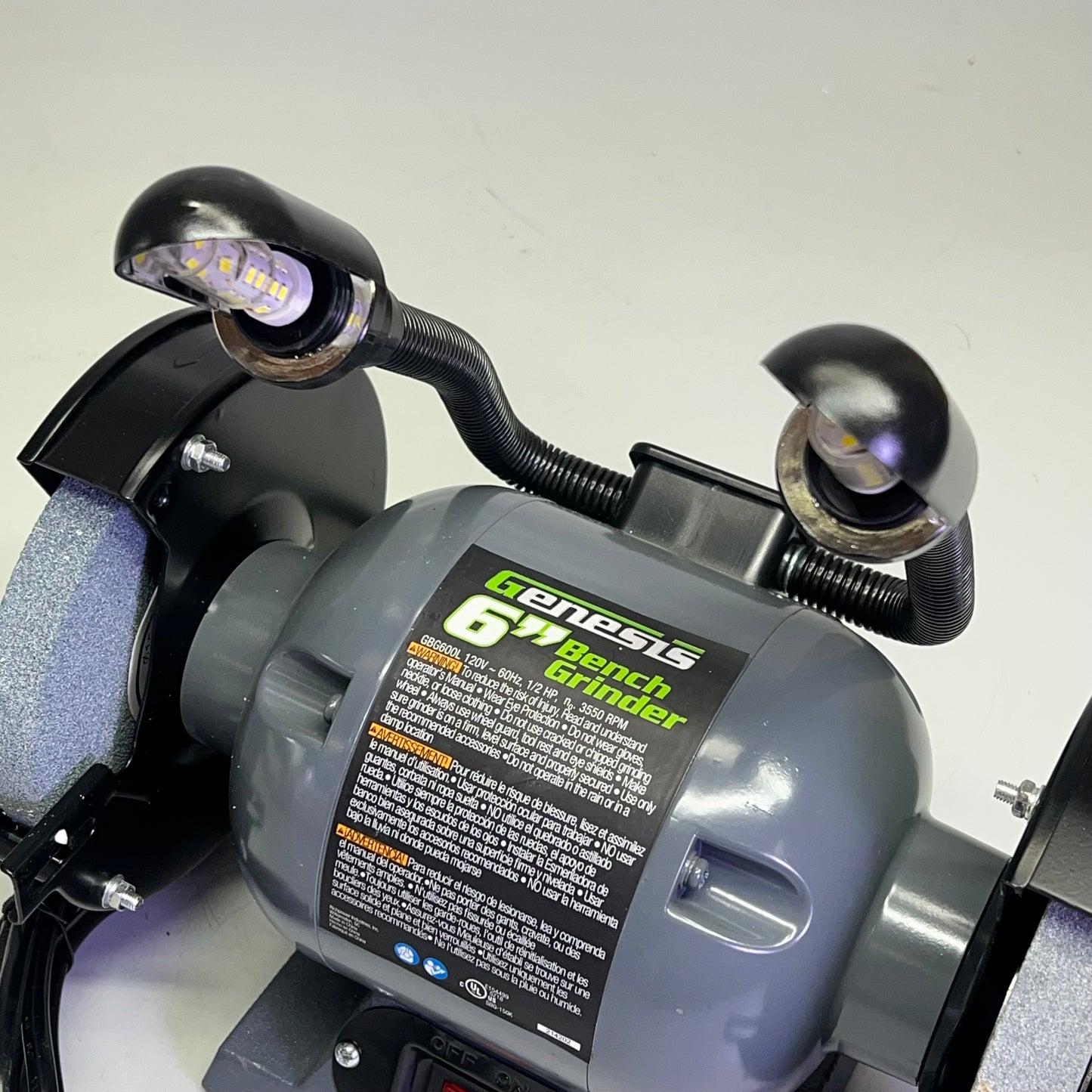 GENESIS Bench Grinder W/ Dual Flexible Lights & Eye Shield 1/2 HP Grey GBG600