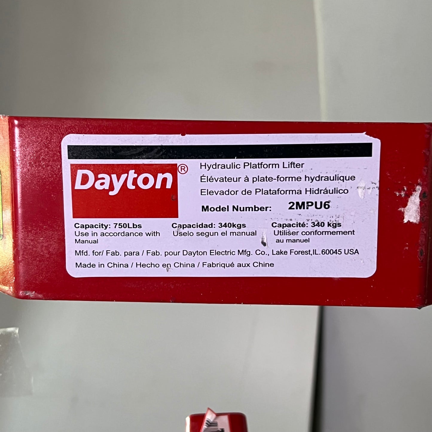 DAYTON Hydraulic Platform Lifter 750 lb Load Capacity, Red 2MPU6