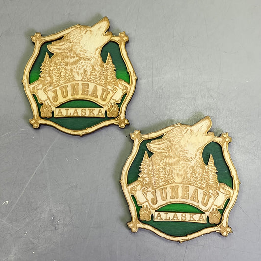 (2 PACK) Howling Wolf Laser Cut Wood Magnet Souvenir JUNEAU, AK Made In USA